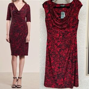 NWT Ralph Lauren Cowl Neck Jersey Sheath Floral Midi Dress Size 10 Cocktail Red